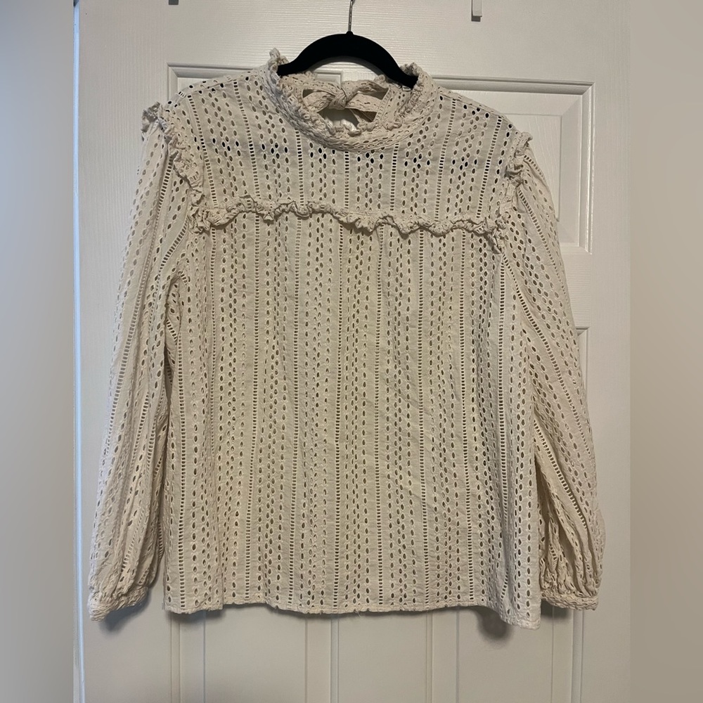 Madewell Eyelet Long Sleeve Ruffle Neck Tie Blouse